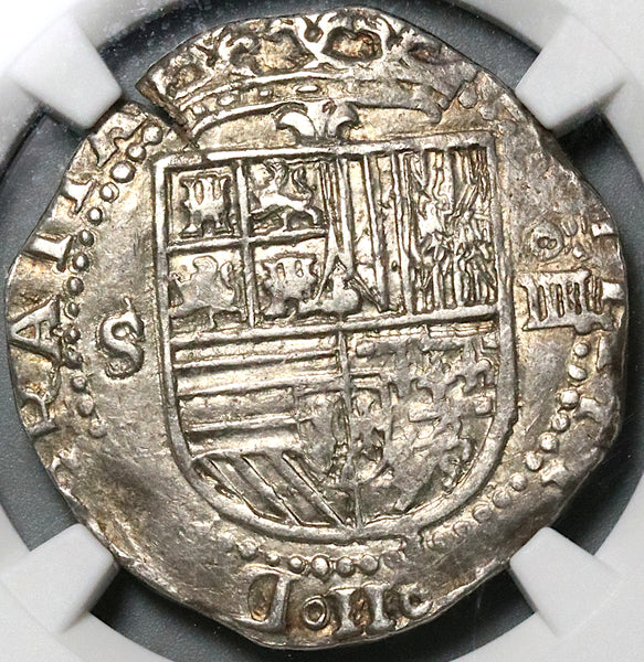 1556 NGC AU 55 Spain 4 Reales Philip II Seville Cob Silver Coin (22041603C)