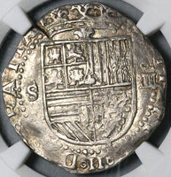 1556 NGC AU 55 Spain 4 Reales Philip II Seville Cob Silver Coin (22041603C)