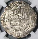 1556 NGC AU 55 Spain 4 Reales Philip II Seville Cob Silver Coin (22041603C)