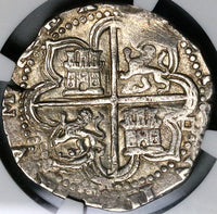 1556 NGC AU 55 Spain 4 Reales Philip II Seville Cob Silver Coin (22041603C)