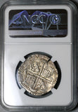 1556 NGC AU 55 Spain 4 Reales Philip II Seville Cob Silver Coin (22041603C)