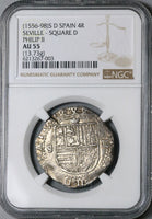 1556 NGC AU 55 Spain 4 Reales Philip II Seville Cob Silver Coin (22041603C)