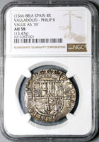1566 NGC AU 58 Spain 4 Reales Philip II Valladolid Cob Pirate Silver Coin POP 1/1 (22061001C)