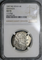 1597-MG NGC AU 55 Spain 4 Reales Philip II Granada Mint Cob Silver Coin (20010501C)