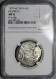 1597-MG NGC AU 55 Spain 4 Reales Philip II Granada Mint Cob Silver Coin (20010501C)