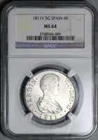 1811-V NGC MS 64 Spain 4 Reales Ferdinand VII Valencia Mint State Silver Coin (20052603C)