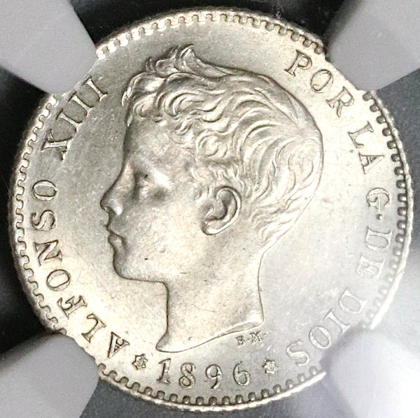 1896 Spain NGC MS 64 50 Centimos Alfonso XIII Rare Silver Madrid Coin (22080101D)