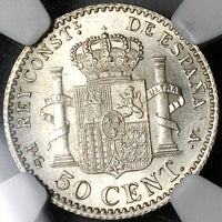 1896 Spain NGC MS 64 50 Centimos Alfonso XIII Rare Silver Madrid Coin (22080101D)