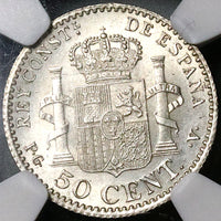 1896 Spain NGC MS 64 50 Centimos Alfonso XIII Rare Silver Madrid Coin (22080101D)