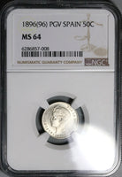 1896 Spain NGC MS 64 50 Centimos Alfonso XIII Rare Silver Madrid Coin (22080101D)