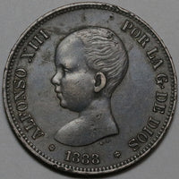 1888 Spain 5 Pesetas XF Alfonso XIII XF Crown Baby Head Madrid Silver Coin (23122511R)
