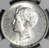 1898 NGC MS 62 Spain 5 Pesetas Silver Alfonso XIII Mint State Coin (21021903C)