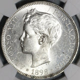 1898 NGC MS 62 Spain 5 Pesetas Silver Alfonso XIII Mint State Coin (21021903C)