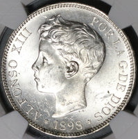 1898 NGC MS 62 Spain 5 Pesetas Silver Alfonso XIII Mint State Coin (21021903C)