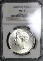 1898 NGC MS 62 Spain 5 Pesetas Silver Alfonso XIII Mint State Coin (21021903C)