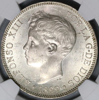 1899 NGC MS 62 Spain 5 Pesetas Alfonso XIII Silver Crown Coin (22032401D)