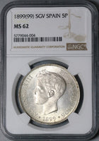1899 NGC MS 62 Spain 5 Pesetas Alfonso XIII Silver Crown Coin (22032401D)