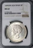 1899 NGC MS 62 Spain 5 Pesetas Alfonso XIII Silver Crown Coin (22032401D)