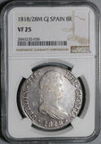 1818/28-M NGC VF 25 Spain 8 Reales Rare Date Error Silver Coin POP 1/0 (20090302C)
