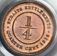 1916 PCGS MS 64 RB Straits Settlements 1/4 Cent Britain Empire Coin (19090903C)
