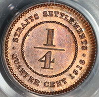 1916 PCGS MS 64 RB Straits Settlements 1/4 Cent Britain Empire Coin (19090903C)