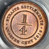 1916 PCGS MS 64 RB Straits Settlements 1/4 Cent Britain Empire Coin (19090903C)