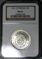 1951 NGC MS 65 St Thomas Prince 10 Escudos 40K Silver Coin (20030903C)