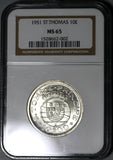 1951 NGC MS 65 St Thomas Prince 10 Escudos 40K Silver Coin (20030903C)