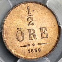 1858/7 PCGS MS 65 RD Sweden 1/2 Ore Oscar I RED Coin POP 1/0 (19032802C)