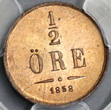 1858/7 PCGS MS 65 RD Sweden 1/2 Ore Oscar I RED Coin POP 1/0 (19032802C)