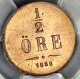 1858/7 PCGS MS 65 RD Sweden 1/2 Ore Oscar I RED Coin POP 1/0 (19032802C)