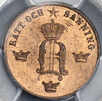 1858/7 PCGS MS 65 RD Sweden 1/2 Ore Oscar I RED Coin POP 1/0 (19032802C)
