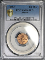 1858/7 PCGS MS 65 RD Sweden 1/2 Ore Oscar I RED Coin POP 1/0 (19032802C)