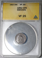 1892 ANACS VF 25 Sweden 1 ore Oscar II Key Date Coin (20010801C)