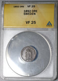 1892 ANACS VF 25 Sweden 1 ore Oscar II Key Date Coin (20010801C)
