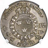 1776 NGC AU 50 Sweden Silver Riksdaler Scarce Small Cross Dav-1735 Coin (20121901C)