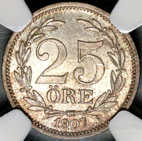 1907 NGC MS 65 Sweden Silver 25 Ore Last Oscar II Coin (20082802C)