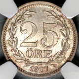 1907 NGC MS 65 Sweden Silver 25 Ore Last Oscar II Coin (20082802C)