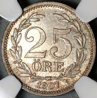 1907 NGC MS 65 Sweden Silver 25 Ore Last Oscar II Coin (20082802C)