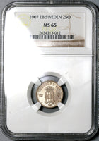 1907 NGC MS 65 Sweden Silver 25 Ore Last Oscar II Coin (20082802C)