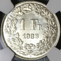 1936 NGC MS 65 PL Switzerland 1 Franc Proof Like Swiss Silver Coin POP 1/0 (20111401C)