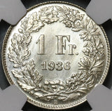 1936 NGC MS 65 PL Switzerland 1 Franc Proof Like Swiss Silver Coin POP 1/0 (20111401C)