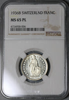 1936 NGC MS 65 PL Switzerland 1 Franc Proof Like Swiss Silver Coin POP 1/0 (20111401C)