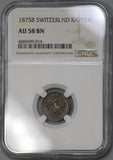 1875 NGC AU 58 Switzerland 1 Rappen Swiss Key Date Bronze Coin (21090403C)