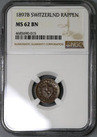 1897 NGC MS 62 Switzerland 1 Rappen Key Date Swiss Coin POP 2/2 (18111901C)