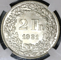 1931 NGC MS 66 Switzerland 2 Francs Mint State Swiss Silver Coin (20012203C)