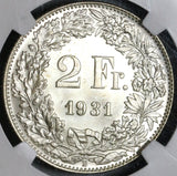 1931 NGC MS 66 Switzerland 2 Francs Mint State Swiss Silver Coin (20012203C)