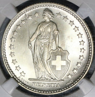 1931 NGC MS 66 Switzerland 2 Francs Mint State Swiss Silver Coin (20012203C)