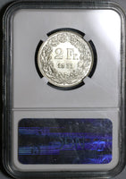 1931 NGC MS 66 Switzerland 2 Francs Mint State Swiss Silver Coin (20012203C)