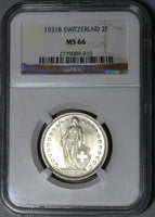 1931 NGC MS 66 Switzerland 2 Francs Mint State Swiss Silver Coin (20012203C)